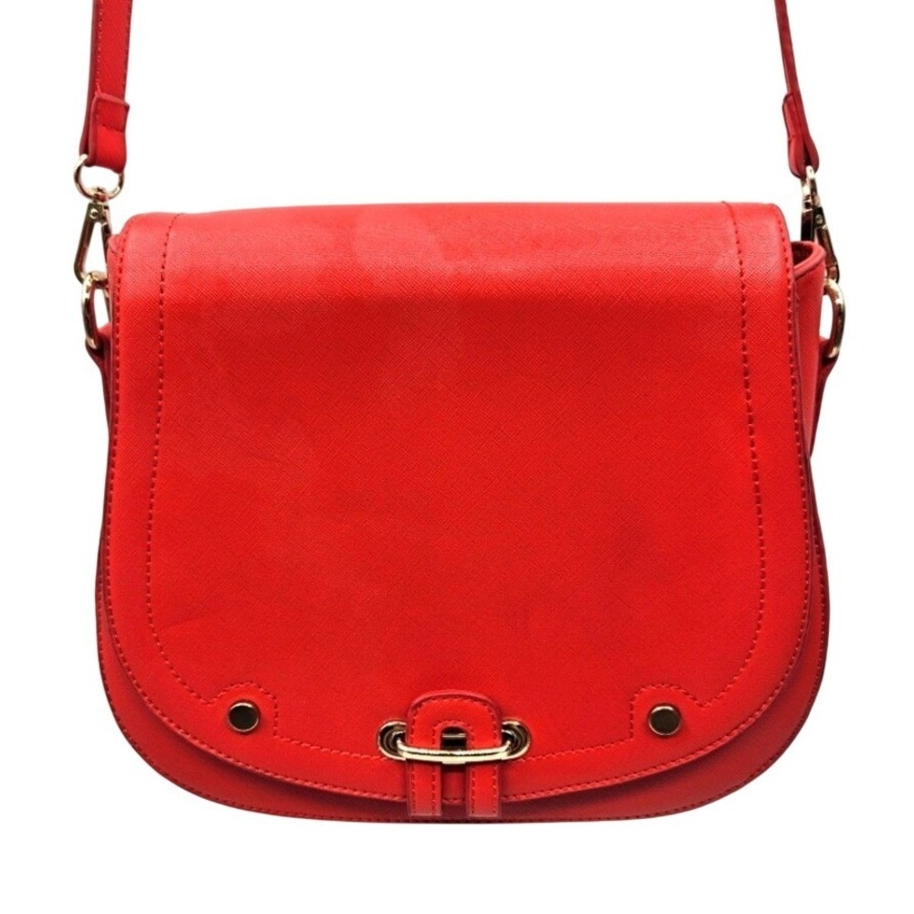 INZI Red Saffiano Vegan Leather Crossbody Saddle‎ Bag Gold Hardware Adjustable